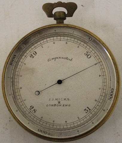 19TH C POCKET BAROMETER J. J. HICKS, LONDON,: SILVERED DIAL WITH ADJUSTABLE BEZEL, GILT FINISH, 2 3/4" DIAMETER.