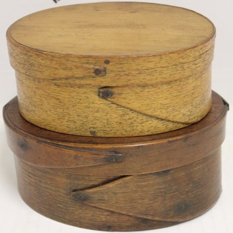 TWO 19TH C OVAL PANTRY BOXES, 1 IS STAMPED: SPRAGUE, 2 1/2" X 5 1/2" AND 2 1/2" X 6 1/4".