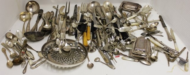 LARGE LOT OF STERLING WEIGHTED HANDLED PCS.: AND SILVER PLATED PCS.