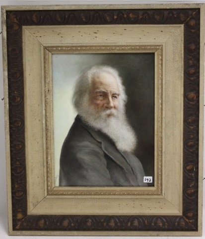 FRAMED HAND PAINTED PORCELAIN PLAQUE, FRENCH: FRAMED HAND PAINTED PORCELAIN PLAQUE, FRENCHLIMOGES, SIGNED D C FRANCE ON VERSO; SIGNED PAUL DOERING LOWER LEFT; PORTRAIT OF WALT WHITMAN; SIGHT SIZE 13 1/2\\\\\\\" X 10 1/4\\\\\\\"; CUSTOM MADE FRAME