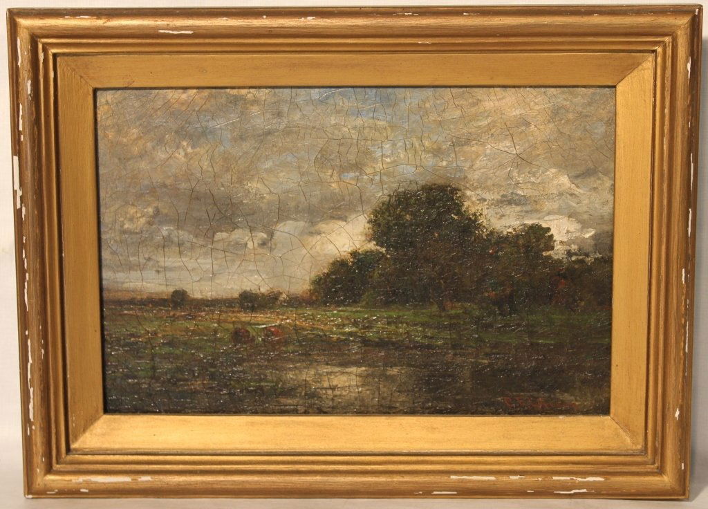 FRAMED OIL PAINTING ON CANVAS BY C. E. L. GREEN: (CHARLES EDWIN LEWIS GREEN, 1844-1915), LANDSCAPE WITH COWS. SHOWS EXTENSIE CRAQUELURE, IN PERIOD GOLD FRAME WHICH SHOWS PAINT LOSS. SIGHT SIZE 8" X 12".