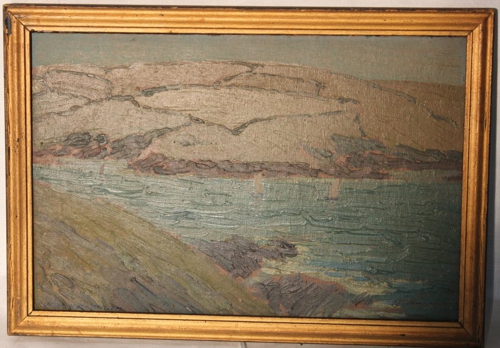OIL PAINTING ON ARTIST BOARD BY HARRY NEYLAND,: TITLED LANSALLOS COVE, CORNISH COAST, ENGLAND, SIGHT SIZE 6" X 9", SIGNED LOWER LEFT. IN ORIGINAL GOLD WOODEN FRAME.