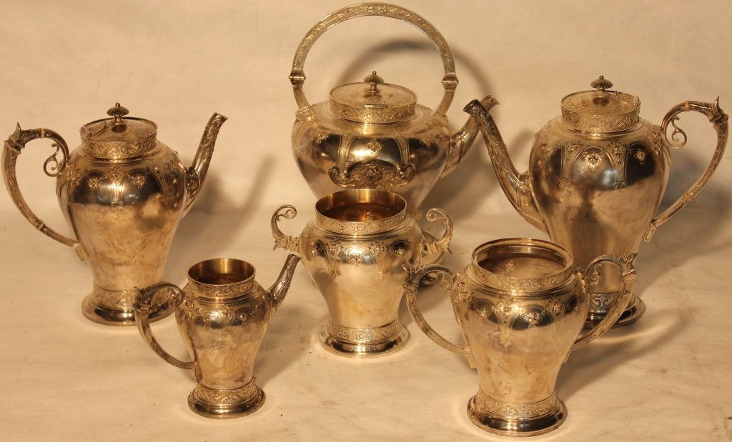 6 PIECE 19TH C GORHAM STERLING SILVER TEA SET, (1 of 5)