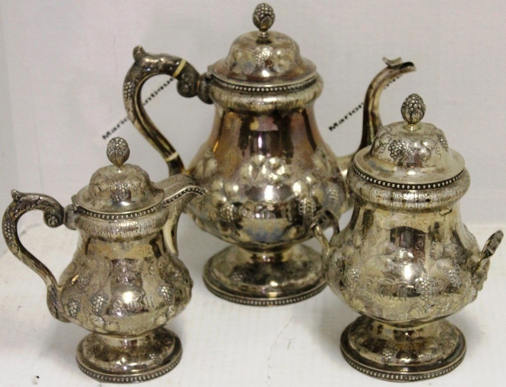 3 PIECE COIN SILVER TEA SET, MID-19TH C, EMBOSSED (1 of 4)