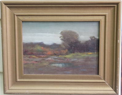 OIL PAINTING ON BOARD BY LOUIS H. RICHARDSON: (1853-1923, SOUTH DARTMOUTH ARTIST), LANDSCAPE, SIGNED LOWER LEFT, 6" X 8", IN NEW GOLD FRAME.