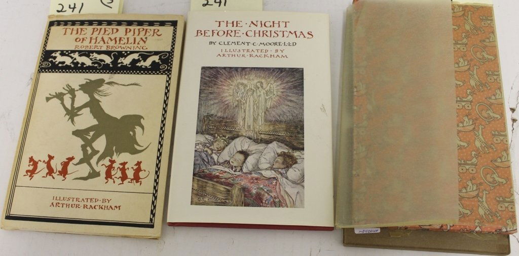 LOT OF 3 BOUND BOOKS, ONE TITLED THE PIED PIPER OF: HAMELIN BY ROBERT BROWNING, ILLUSTRATED BY ARTHUR RACKHAM, GEORGE HARROP, 1934, 9" X 6", GOOD CONDITION. ONE TITLED WHEN I WAS VERY YOUNG BY A. A. MILNE, THE FOUNTAIN PRESS, NEW YORK, 1930, 9" X 5 1/2