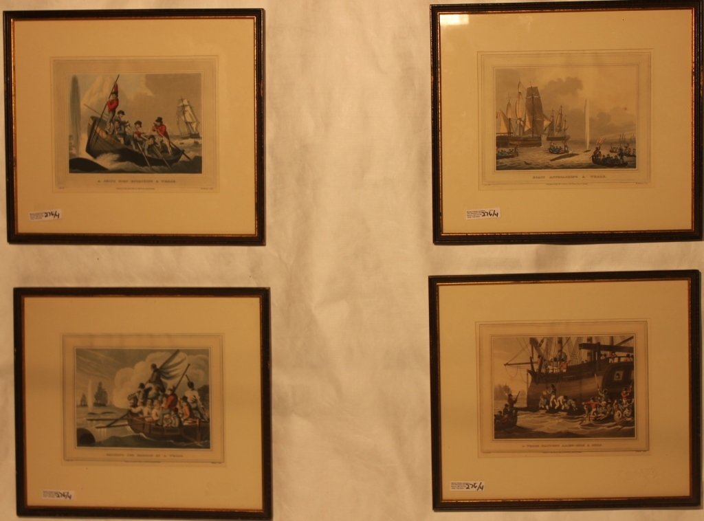 LOT OF 4 WHALING RELATED COLORED ENGRAVINGS,: ALL 4 FRAMED. EACH 7" X 8 1/2". ONE TITLED BOATS APPROACHING A WHALE ONE TITLED SHOOTING THE HARPOON. ONE TITLED A SHIPS BOAT ATTACKING A WHALE. LAST ONE TITLED A WHALE BROUGHT ALONG SIDE A SHIP.