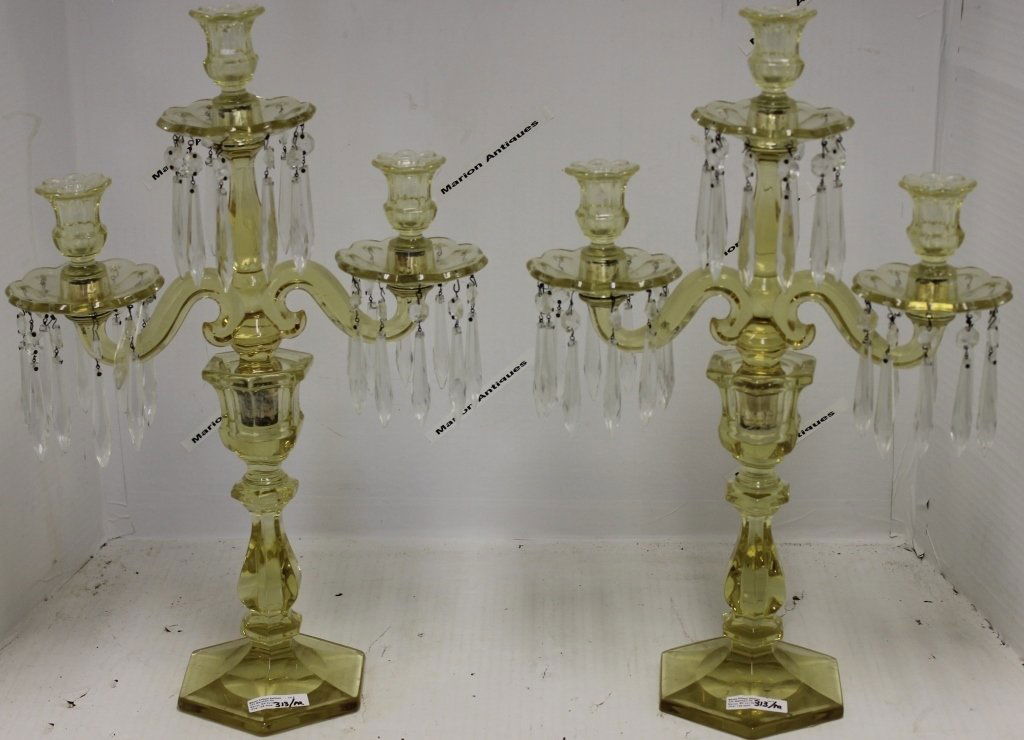PAIR OF CANARY YELLOW HEISEY GLASS 3 SOCKET (1 of 2)