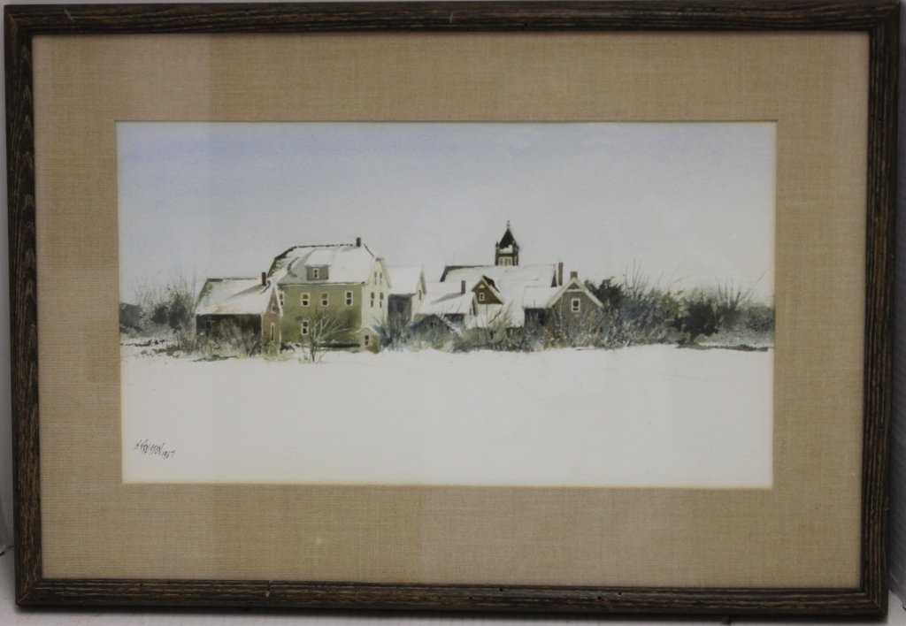 FRAMED WATERCOLOR, WINTER VILLAGE SCENE, SIGNED (1 of 3)
