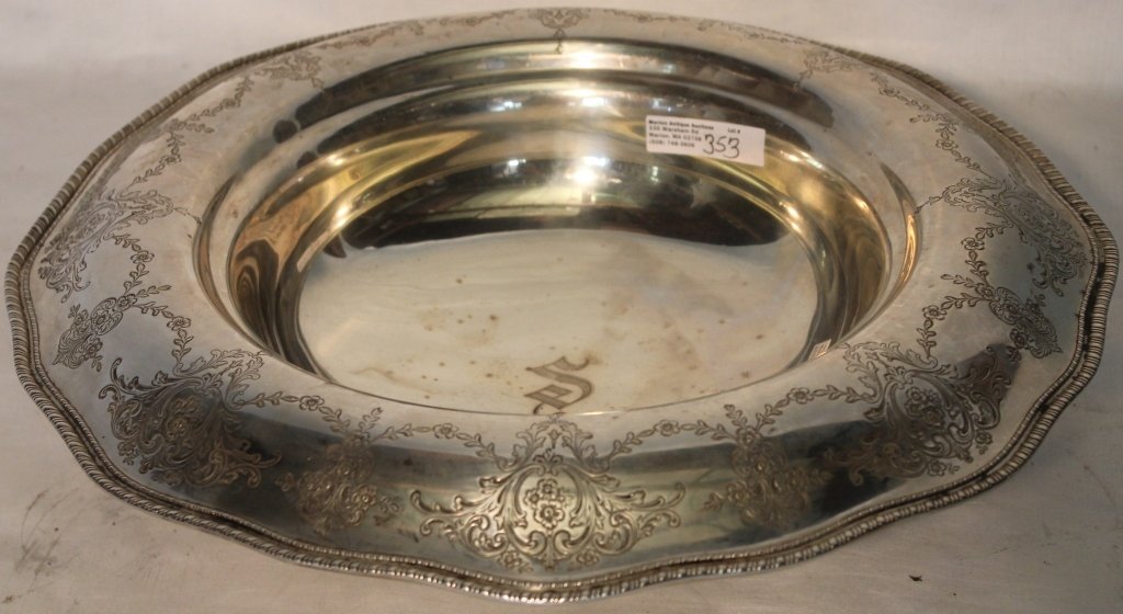 ENGRAVED STERLING SILVER FOOTED CENTER BOWL BY: WHITING IN THE GEORGIAN PATTERN, MONOGRAMMED S, 4" HIGH, 13 1/2" WIDE, 24.92 TROY OZ.