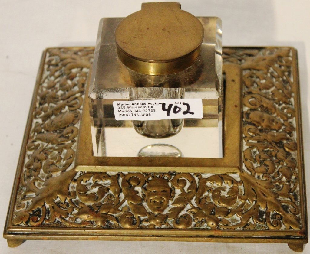 LATE 19TH C BRASS AND GLASS INKWELL WITH BRASS (1 of 1)