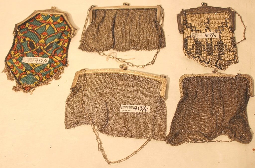 LOT OF 5 EARLY 20TH C MESH BAGS, SEVERAL WITH (1 of 2)