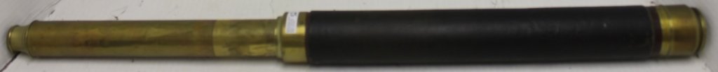 19TH C BRASS AND CANVAS OVER WOOD SINGLE: DRAWER TELESCOPE BY ANDREW PRITCHARD 162 FLEET STREET LONDON, DAY OR NIGHT ON CUSTOM STAND, 20 1/2" CLOSED.