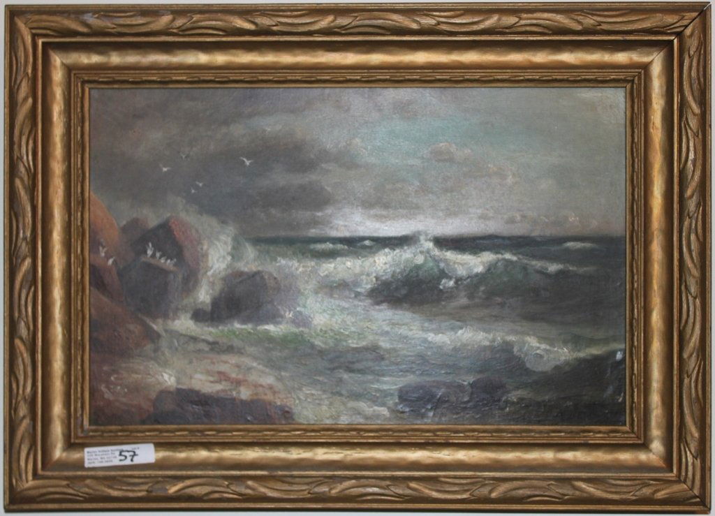 LEMUEL D. ELDRED (FAIRHAVEN ARTIST, 1848-1921): OIL ON BOARD, SEA AND ROCKS, SIGNED LOWER RIGHT, DATED '05, 8 1/2" X 13 1/2", IN PERIOD GOLD FRAME.