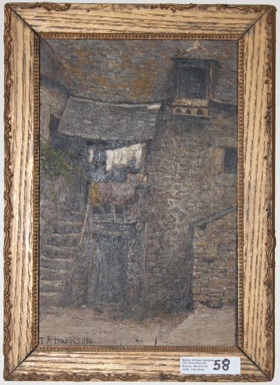 THOMAS ALEXANDER HARRISON (1853-1930, NY ARTIST): OIL ON PANEL, FRENCH HOUSE, 9" X 6", SIGNED LOWER LEFT IN CARVED WOODEN FRAME.