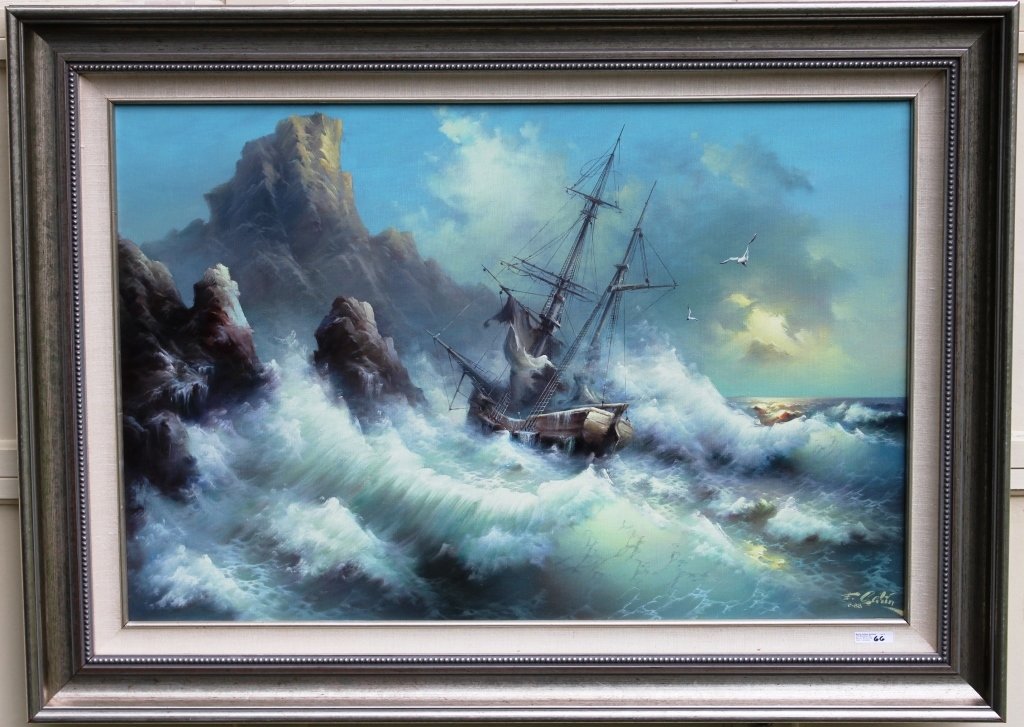 EUGENE GARIN (RUSSIAN ARTIST, 1922-1994), OIL: PAINTING ON CANVAS, SHIP IN ROUGH SEAS, SIGNED LOWER RIGHT 23 1/2 X 35 1/2" IN SILVER LEAF FRAME.