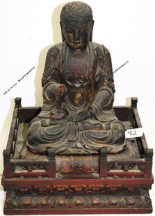 CARVED ASIAN BUDDHA, JAPANESE 18TH C, PAINTED: GILT AND LACQUERED FINISH, SOME LACQUER MISSING, BOTH HANDS ARE BROKEN OFF BUT ARE PRESENT, ONE HAND IS MISSING FINGERS. ON CARVED AND PAINTED WOODEN BASE, 14 1/8" H, BUDDHA IS 9 7/8", BASE WIDTH