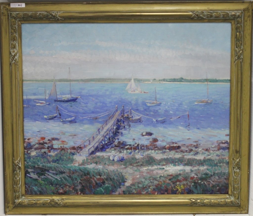 CLIFFORD W. ASHLEY (1881-1947, NEW BEDFORD: ARTIST) OIL PAINTING ON CANVAS, "VIEW FROM MISHAUM POINT TO BARNEY'S JOY", 22" X 26", SHOWS A DOCK WITH SAILBOATS.
