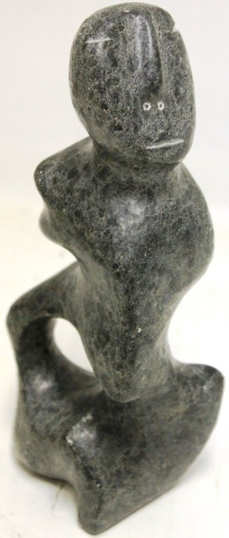 INUIT SOAPSTONE CARVED SCULPTURE OF A FIGURE BY: GEORGE ARLUK, FEBRUARY 10TH, 1992, 8 1/2" HIGH.