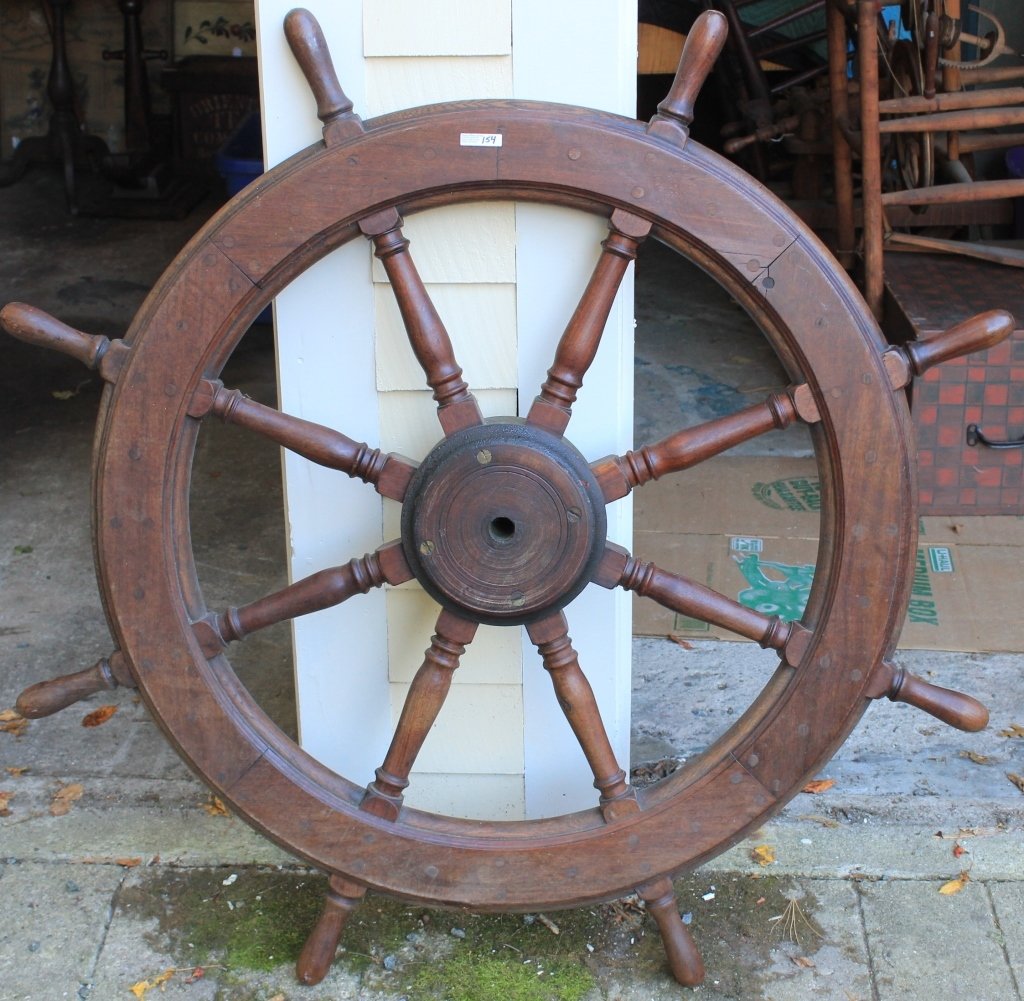 19TH C SHIP'S WHEEL, BLACK WALNUT AND ASH,: NICELY TURNED SPOKES, 48" DIAMETER.