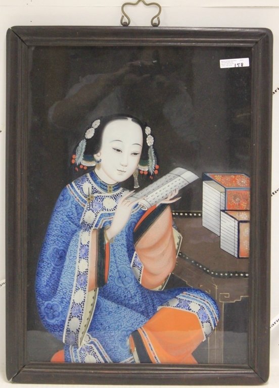 EARLY 19TH C CHINESE REVERSE PAINTING ON GLASS,: PORTRAIT OF A COURTLY WOMAN READING A SCROLL, 19 1/2" X 13 1/2". IN PERIOD EXOTIC WOOD FRAME.