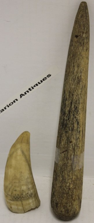 TWO PIECES OF 19TH C SCRIMSHAW TO INCLUDE A: WHALE BONE FID, 11" L AND A SCRIMSHAWED TOOTH DEPICTING A WHALESHIP, 3 3/4" L.