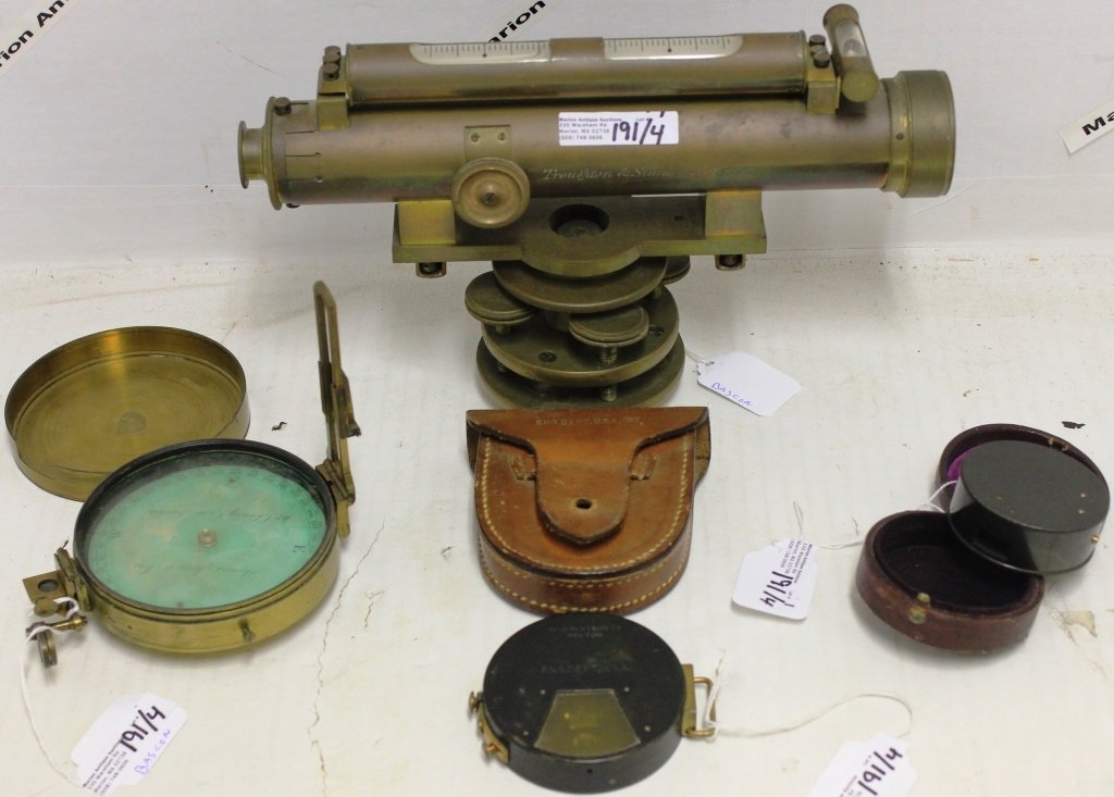 LOT OF FOUR SURVEYOR'S INSTRUMENTS TO INCLUDE: A SURVEYING " DUMPY" LEVEL, TROUGHTON AND SIMMS, LONDON. SURVEYOR'S COMPASS, THOMAS JONES AND SON, 3 3/4" DIAMETER. DISK SLIGHT BY NEGRETTI AND ZAMBA IN LEATHER CASE, 2 1/2". LEVEL BY KEUFFEL &ESSEN C