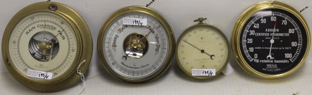 FOUR BRASS MOUNTED INSTRUMENTS TO INCLUDE: 2 BAROMETERS, 1 THERMOMETER AND A HYGROMETER. TAYLOR, NY & STANDARD, PEABODY, MA, ABBEON CAL., 4" X 6 3/4"