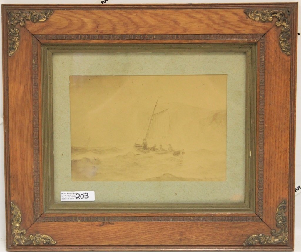 C. H. GIFFORD (FAIRHAVEN ARTIST, 1839-1904), PEN: AND INK DRAWING OF FISHING BOAT IN STORMY SEAS, SIGNED LOWER RIGHT, 5 1/2" X 8". IN ORIGINAL OAK FRAME.