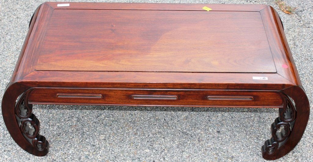 EARLY 20TH C CHINESE TEAKWOOD LOW TABLE, 13" H X: 39" W X 19" D.