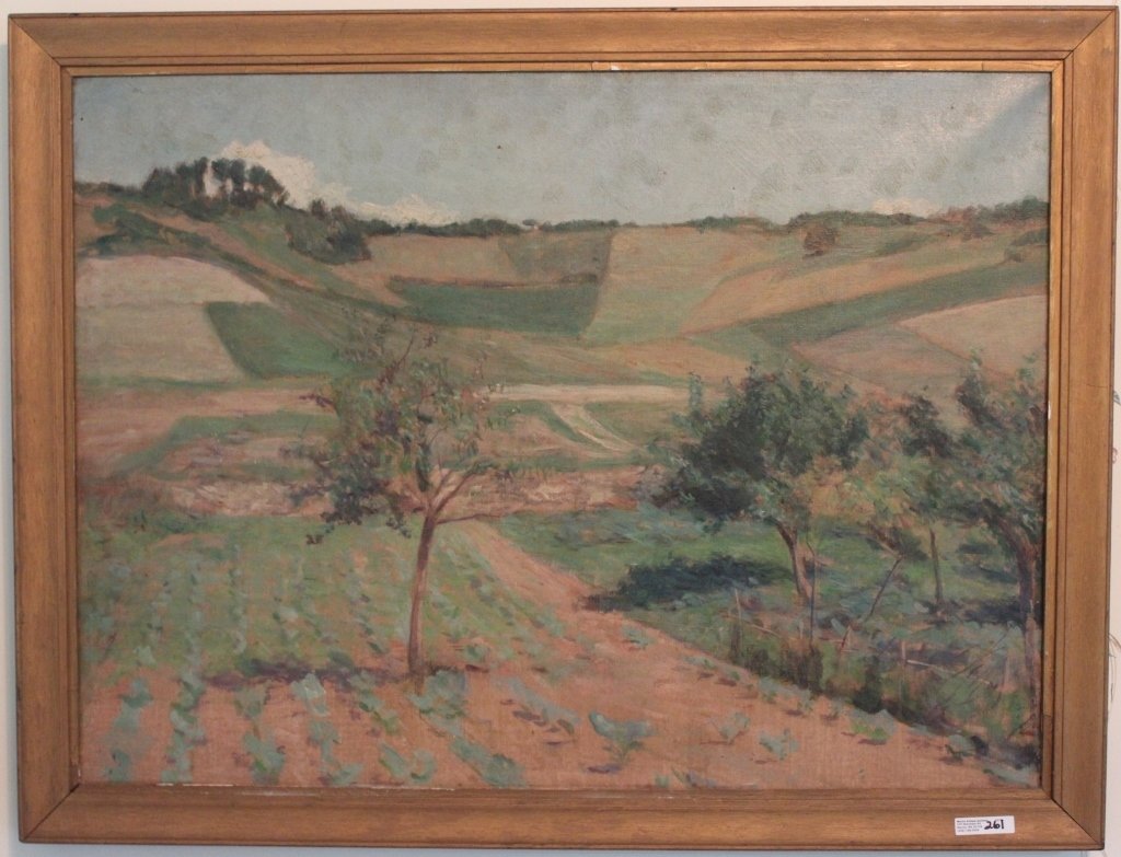ADOLPH FREDERCK KLEIMINGER, ATTRIBUTED,: (1865-1965), OIL PAINTING ON CANVAS, NOT SIGNED, LANDSCAPE WITH VALLEY, 22" X 29".