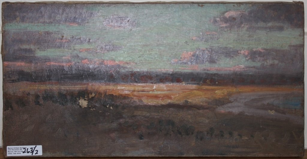 TWO PAINTINGS ATTRIBUTED TO R. SWAIN GIFFORD,: UNSIGNED PAINTING ON CANVAS, UNFRAMED, SUNSET, 7 3/4" X 15" WITH PAINT LOSS. THE OTHER SHOWS A COUNTRY ROAD WITH HOUSE, 6 1/2" X 8 1/2". BOTH PAINTINGS ARE IDENTIFIED ON VERSO AS R. SWAIN GIFFORD.