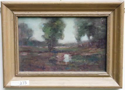 LOUIS H. RICHARDSON, (NEW BEDFORD ARTIST: 1853-1923), OIL PAINTING ON CANVAS, LANDSCAPE, 5" X 8", SIGNED LOWER RIGHT.