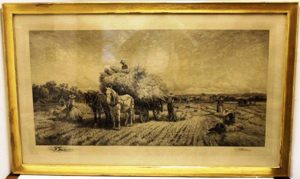 ETCHING BY PETER MORAN (PENN ARTIST 1841-1914),: FRAMED, SIGHT SIZE 18" X 33 1/2". DEPICTS FARMERS HAYING, PENCIL SIGNED P. MORAN LOWER RIGHT AND SIGNED IN PLATE, COPYRIGHTED LAUCKNER & CO, NY, 1888. IN PERIOD GOLD FRAME.