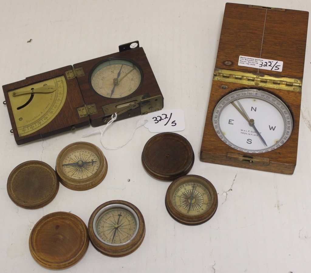 LOT OF FIVE CASED COMPASSES, LATE 19TH C AND: EARLY 20TH C TO INCLUDE A W. & L.E. GURLEY, TROY, NY 3 1/2" X 3 1/2", A TROUGHTON AND SIMMS, LONDON, 3" X 3" CASE. THE OTHER 3 ARE POCKET COMPASSES WITH ROUND CASES, 1 3/4" D.