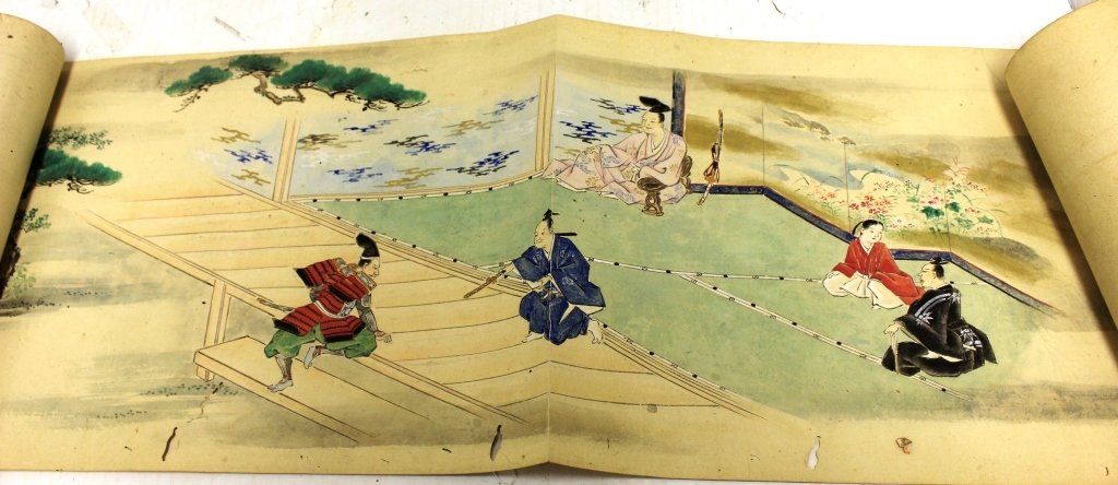 PAINTED JAPANESE SCROLL JAKODU ENCHU (1733-1844),: STORY OF THE DEMON ONI-JO, APPROXIMATELY 30 FEET LONG, 11" HIGH, INCLUDES 9 PANELS WITH DESCRIPTIVE TEXT. THE ARTIST PAINTED IT AT AGE 71. PURCHASED FROM RAYMOND & RAYMOND, HARTFORD, CT. CONDITION SHO