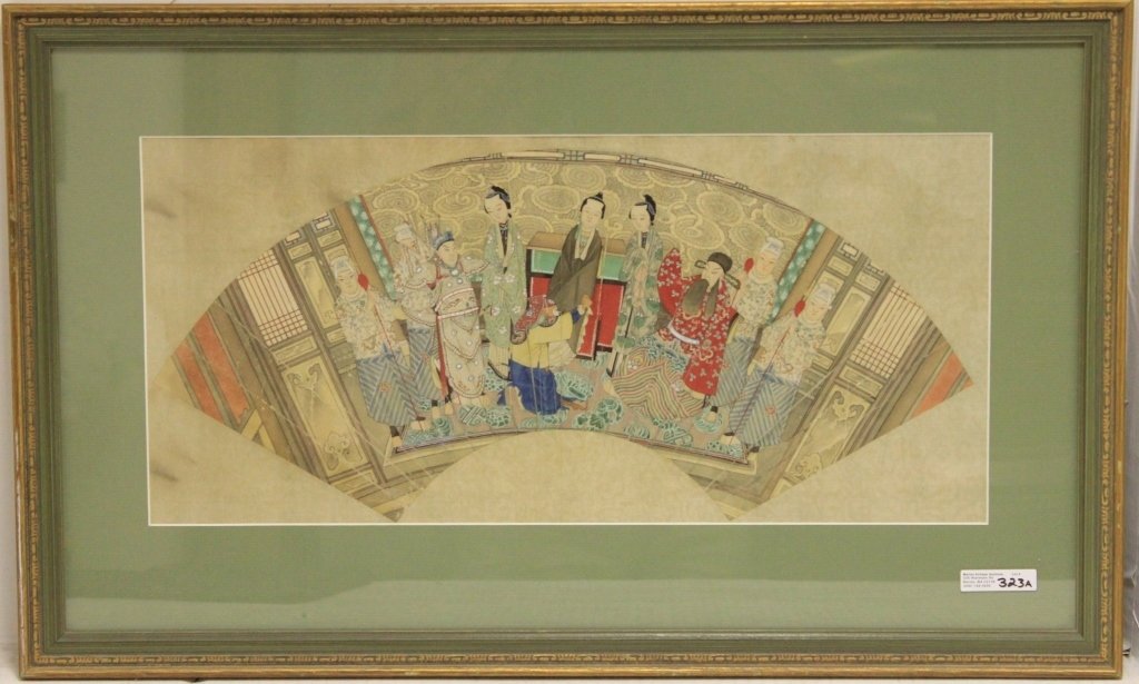 EARLY 20TH C CHINESE HAND PAINTED FAN, DEPICTING: A COURT SCENE, TRIMMED AND STAVES REMOVED, SHOWS FOLD MARKS AND MINOR PAINT LOSS, FRAMED, SIGHT SIZE 9" X 19".