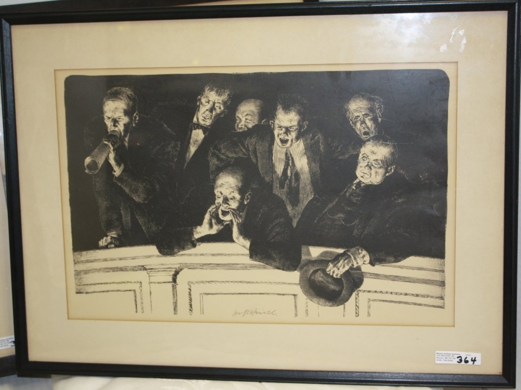 JOSEPH HIRSCH (1910-1981, NY ARTIST), LITHOGRAPH,: TITLED THE HECKLERS, SIGHT SIZE 10 1/4" X 16", SIGNED IN PENCIL LOWER MIDDLE. FRAMED AND UNDER GLASS.