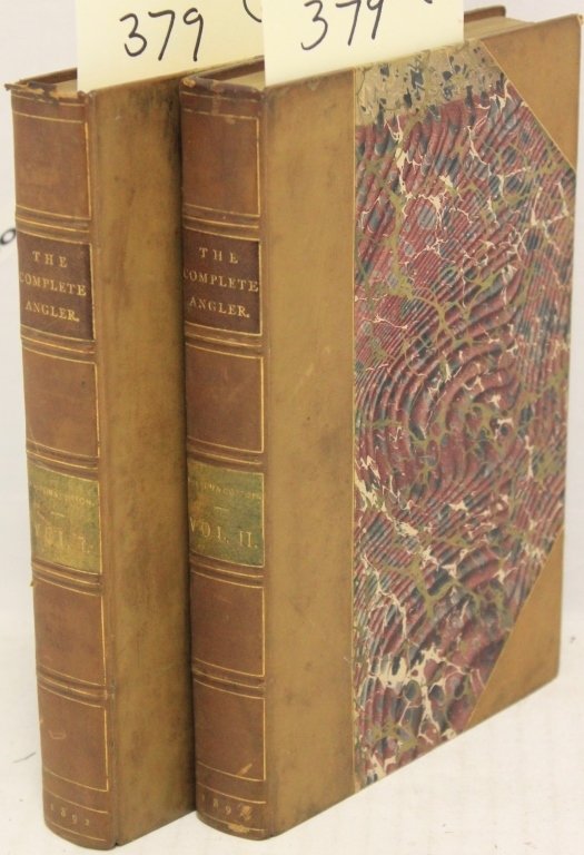 TWO LEATHER BOUND VOLUMES "THE COMPLETE ANGLER": WITH INTRODUCTION BY JAMES RUSSELL LOWELL, LITTLE, BROWN & CO., BOSTON, 1892, SMALL OCTAVO. BROWN LEATHER WITH MARBLIZED BOARDS, NICE ILLUSTRATIONS, 465 TOTAL PAGES. MINOR RUBBING TO TOP OF ONE SPINE.