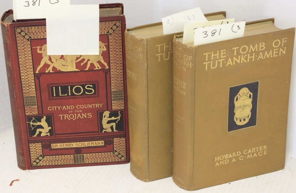 THREE BOUND BOOKS RELATED TO MEDITERRANEAN: HISTORY TO INCLUDE "ILIOS CITY AND COUNTRY OF THE TROJANS" BY DR. HENRY SCHLIEMANN, HARPER & BROTHERS, NY, 1880, WITH MAPS, PLANS AND ILLUSTRATIONS. RED CLOTH BOARDS WITH ORNATE PICTORAL GILT LETTERIN