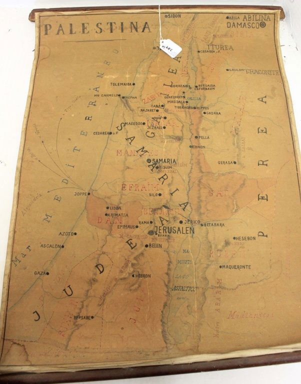 TWO EARLY ROLL-UP MAPS OF PALESTINA, DAMASCO &: GOLGOTA (CALVARY), 19TH OR 18TH C, HAND DRAWN AND HAND COLORED, PAPER MOUNTED ON HEAVY CANVAS, 23 3/4" X 18" AND 24" X 18". 1 MAP SHOWS CREASES, MINOR STAINING, 1 SMALL TEAR.