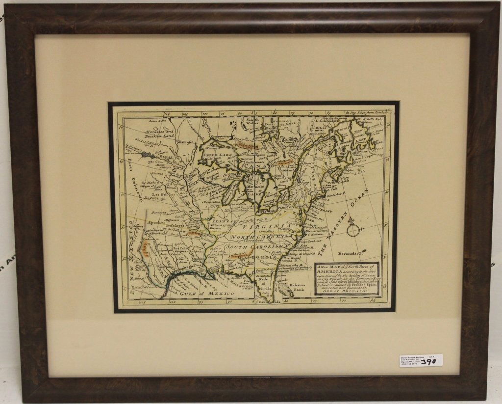 EARLY MAP TITLED A NEW MAP OF Y NORTH PARTS OF: AMERICA ACCORDING TO THE DIVISION THERE OF BY THE ARTICLES OF PEACE IN 1763. 8 1/2" X 11". MAP APPEARS TO BE 18TH C WITH SOME HAND COLORING AND IS FRAMED AND MATTED. WE DID NOT REMOVE FROM FRAME AND I