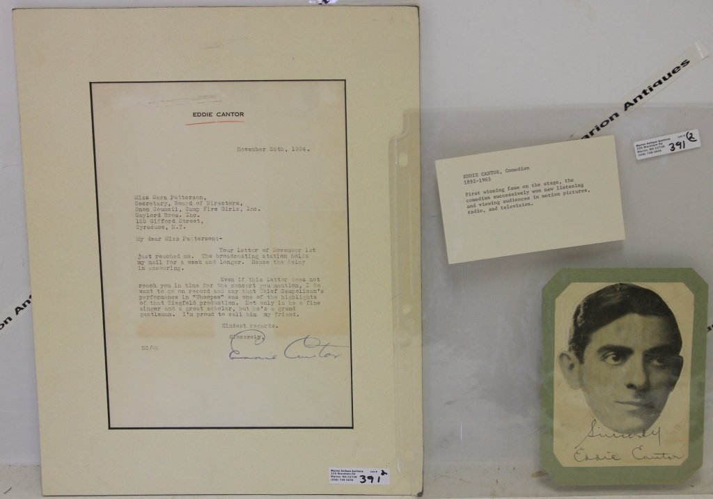 SIGNED LETTER, 10" X 7", BY EDDIE CANTOR, DATED: NOV 26TH, 1934. THIS WAS SENT TO SARA PATTERSON, SECRETARY, FOR THE CAMP FIRE GIRLS IN SYRACUSE, NEW YORK. ALONG WITH A 6" X 5" AUTOGRAPHED PHOTO. CANTOR WAS AN AMERICAN "ILLUSTRATED SONG", PERFORMER,