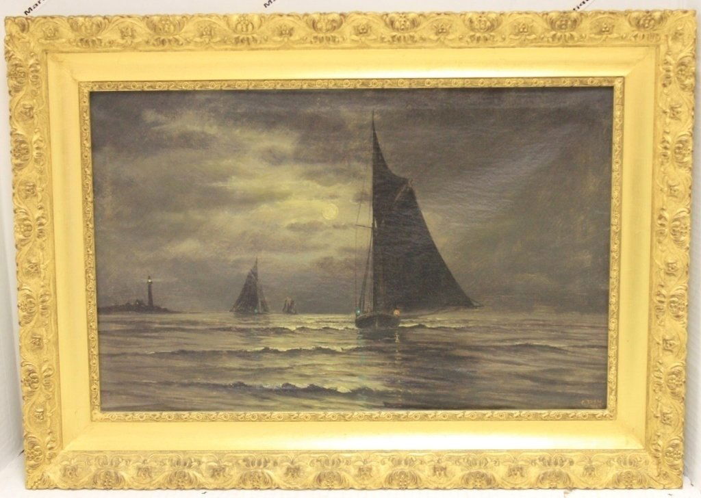 CLEMENT DREW (1806-1889, MASS. ARTIST), OIL: PAINTING ON CANVAS DEPICTING SLOOPS SAILING OFF THE BOON ISLAND LIGHTHOUSE, MAINE, SIGNED LOWER RIGHT, DATED 1893. FRAMED. SIGHT SIZE 14" X 22". FROM THE SHAW ESTATE.