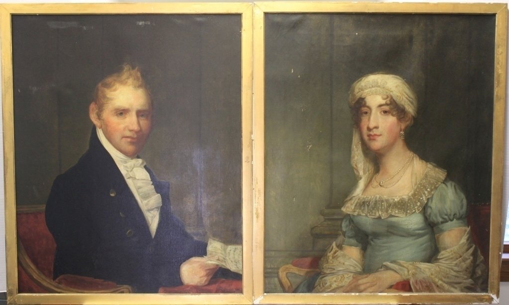PAIR OF LATE 19TH C PORTRAITS, OIL PAINTINGS ON: CANVAS, 1 OF A LADY AND THE OTHER A GENTLEMAN. COPIES AFTER GILBERT STUART BY H. R. BURDICK, 1894, PROBABLY HORACE BURDICK (1844-1942, ACTIVE IN MASS AND RHODE ISLAND). SIGHT SIZE 32" X 26", IN THIN G