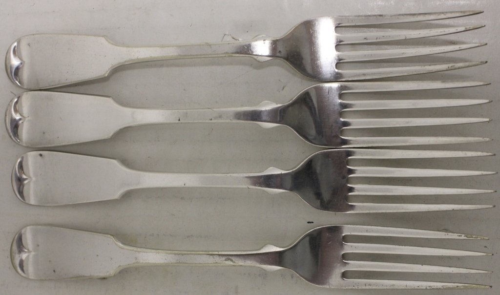 4 EARLY 19TH C COIN SILVER FORKS BY HALL & ELTON,: WALLINGFORD, CT, 8" LONG, MONOGRAMMED, 7.56 OZT.