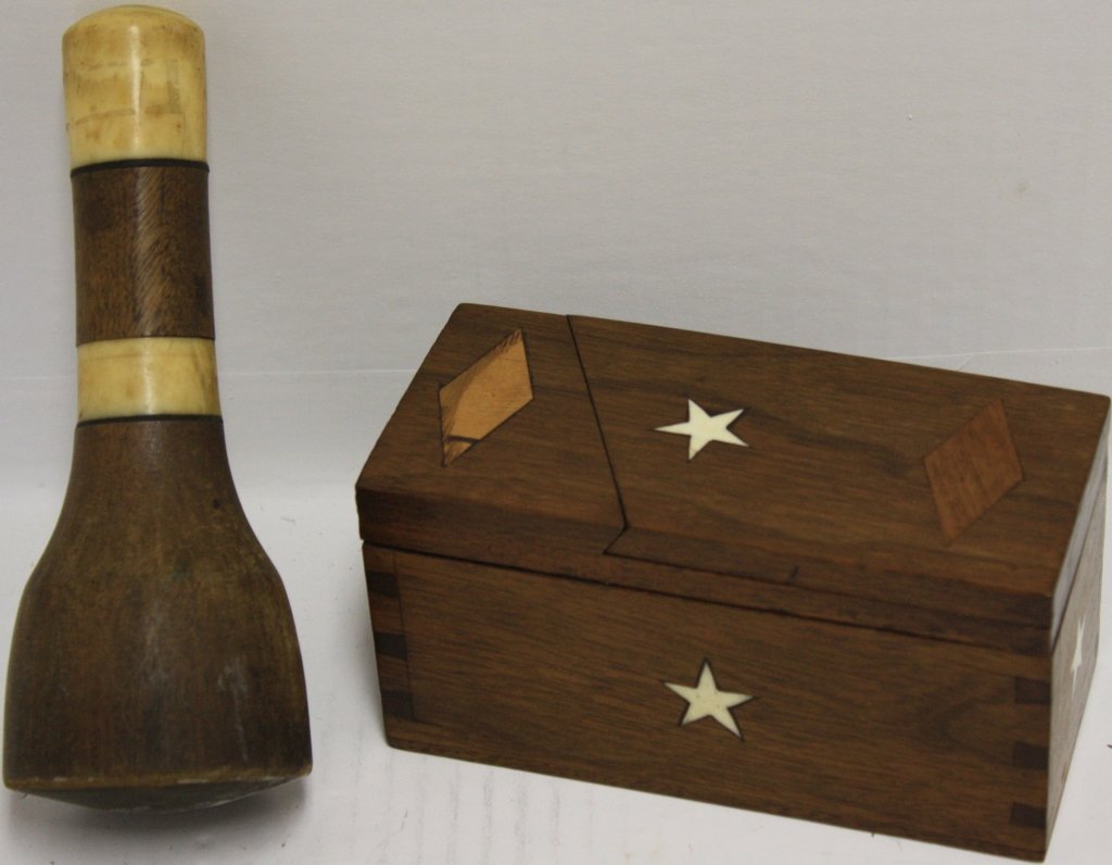 19TH C SCRIMSHAW SAILOR MADE POUNDER, 7" LONG,: ALONG WITH A 19TH C INLAID WOODEN PUZZLE BOX. 6 1/2" X 2 3/4". STAR AND WHALE INLAY ON SIDES. FROM IPPOLITO COLLECTION.