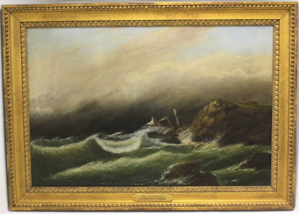 CLEMENT DREW (1806-1889, BOSTON & AREA), OIL: PAINTING ON CANVAS, UNSIGNED, ATTRIBUTED TO DREW. MODERN PLAQUE ATTACHED IDENTIFYING PAINTING AS A DREW. TITLED SHIP IN STORM OFF COAST, DEPICTS A SHIPWRECK ON ROCKS. SIGHT SIZE 20" X 30". IN CARVED G