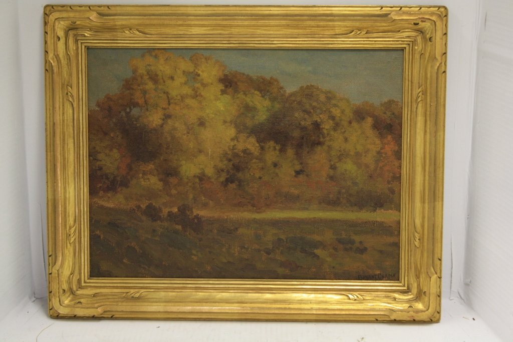 BRYANT CHAPIN (1859-1927, FALL RIVER, MA ARTIST),: OIL PAINTING ON CANVAS, SIGNED LOWER RIGHT, TITLED AUTUMN LANDSCAPE, SIGHT SIZE 15" X 20". IN ORIGINAL CARVED AND GILDED FRAME.