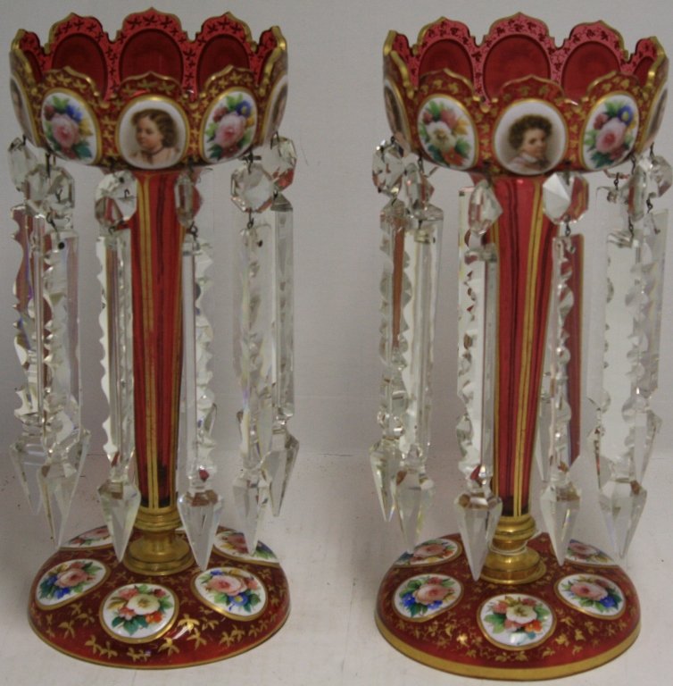 PAIR OF LATE 19TH C BOHEMIAN CRANBERRY AND ENAMEL: LUSTRES WITH PORTRAIT PANELS DEPICTING FLOWERS AND CHILDREN, FANCY CUT PRISMS WITH MINOR ROUGHNESS. 12 1/2" HIGH.